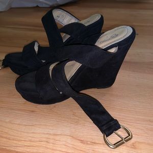 Wedge suede sandals, cross strap, size 6.5